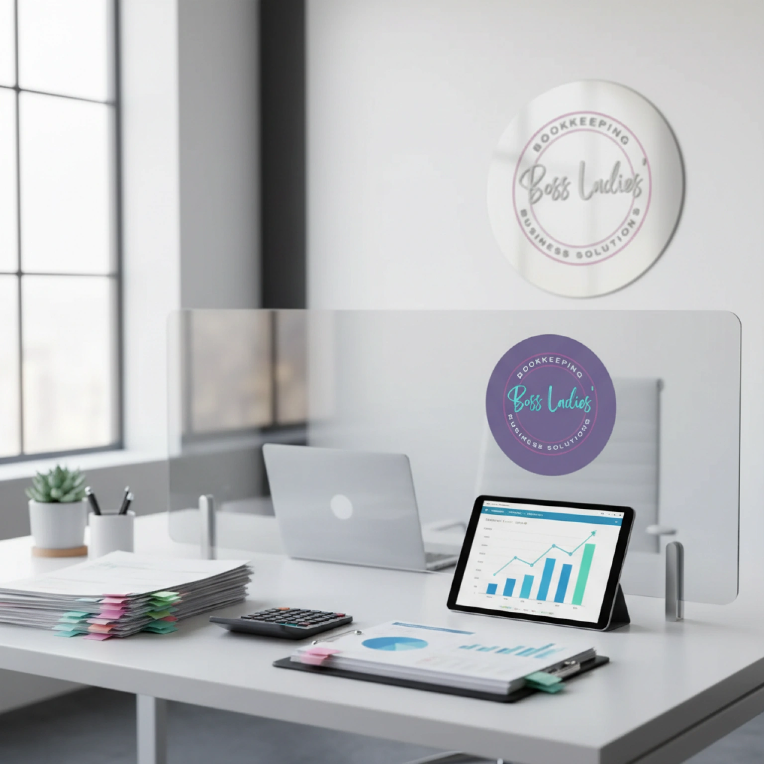 Office desk with laptop, calculator, paperwork, and tablet showing bar graph in workspace with Boss Ladies logo